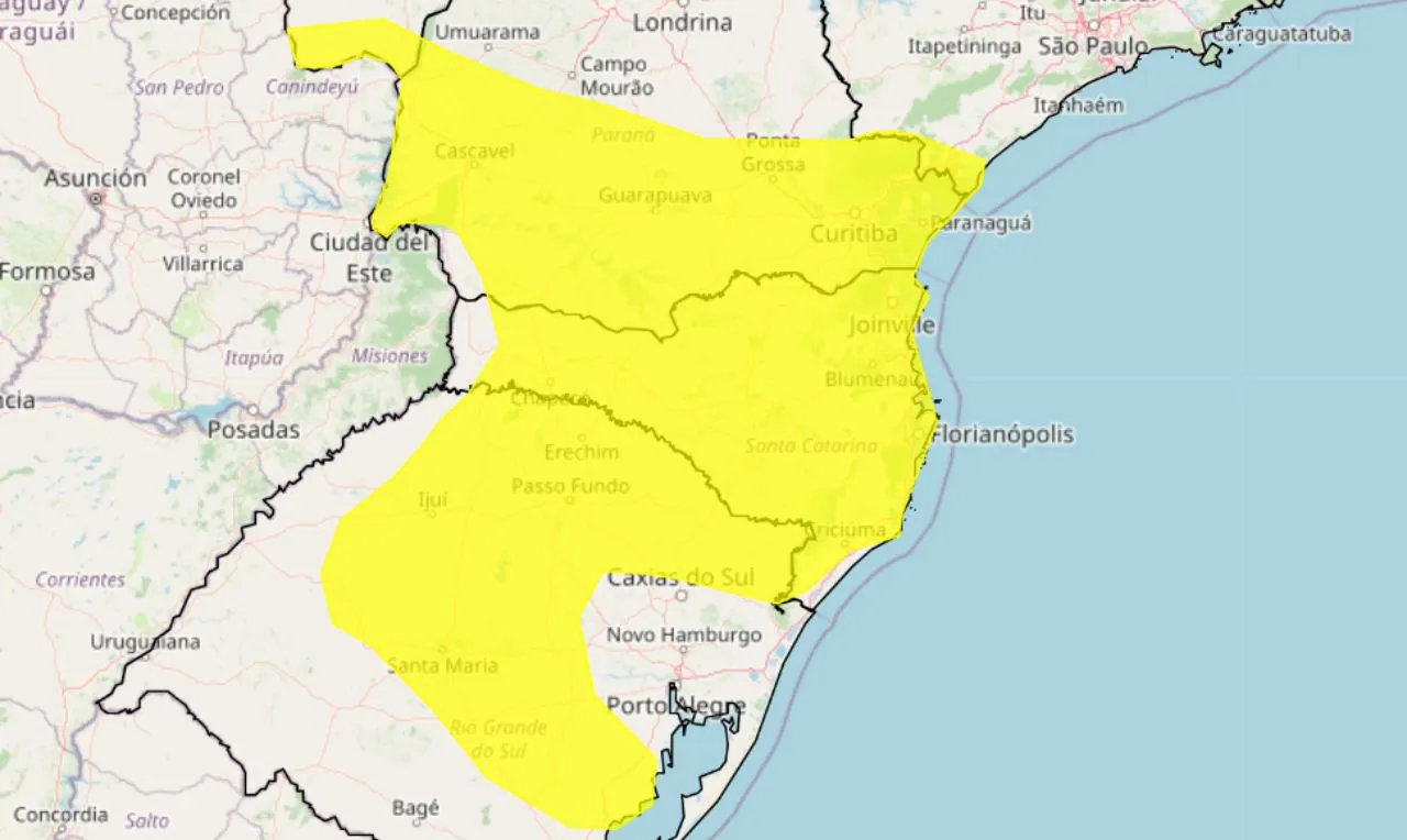 A imagem mostra o mapa das áreas que estão em alerta amarelo para chuva intensa entre está quarta-feira e quinta-feira 
